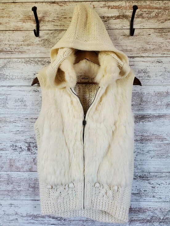 Miss Me Jackets & Blazers - Sweet by Miss Me Angora Fur Cable Knit Hooded Sweater Vest Ivory Like New